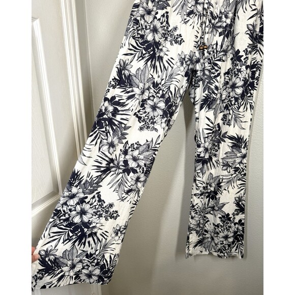 Beau Dawson Linen Blend Wide Leg Blue White Floral Pants Size L Beachy Coastal - Picture 3 of 14